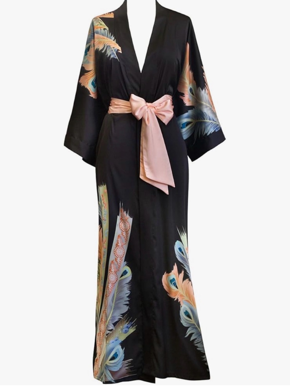 Old Shanghai Kim+Ono Peacock Feather Blk Floral Kimono Robe Boho Loung Duster OS